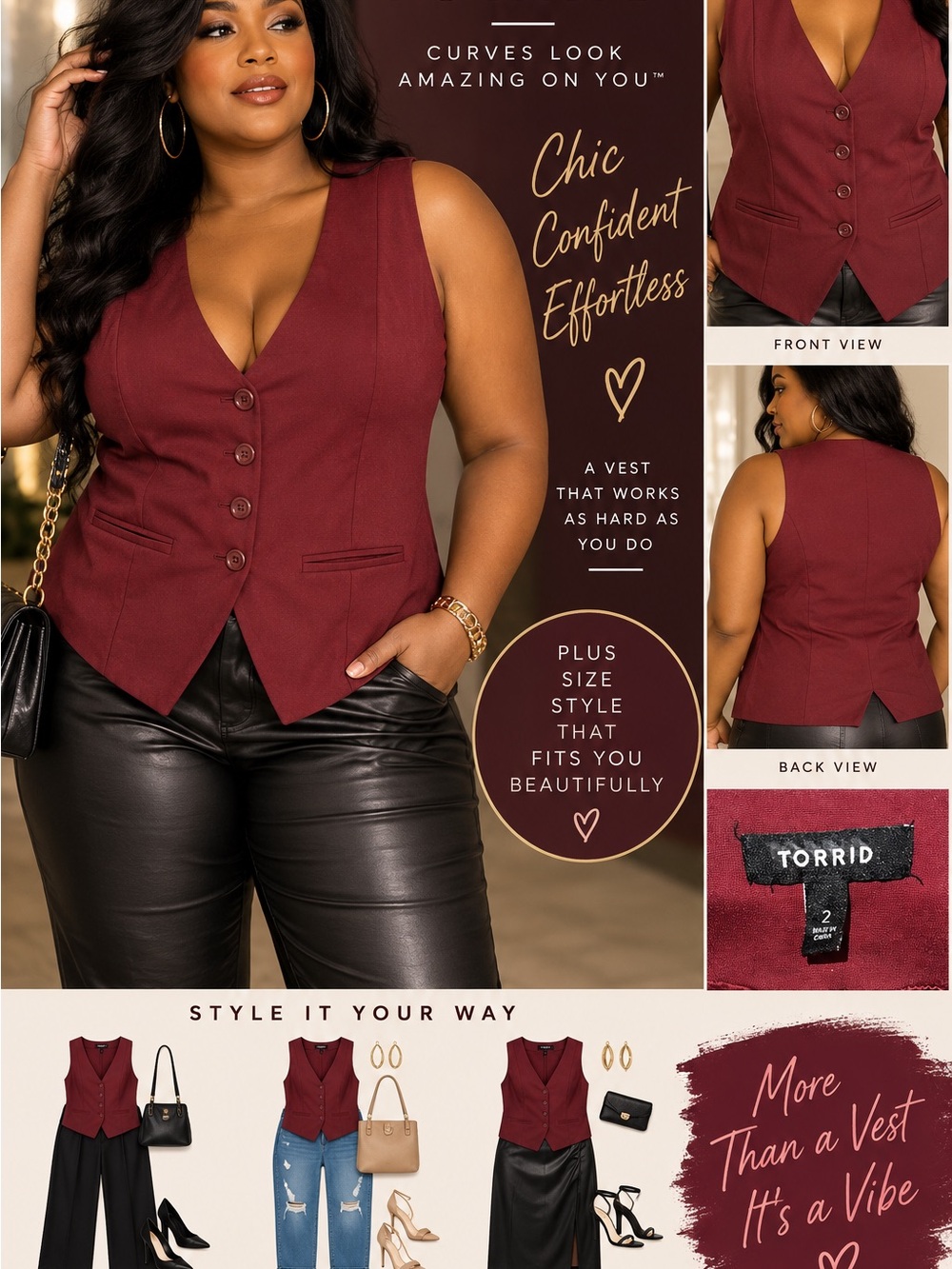 Torrid Burgundy Button-Front Tailored Vest size 2